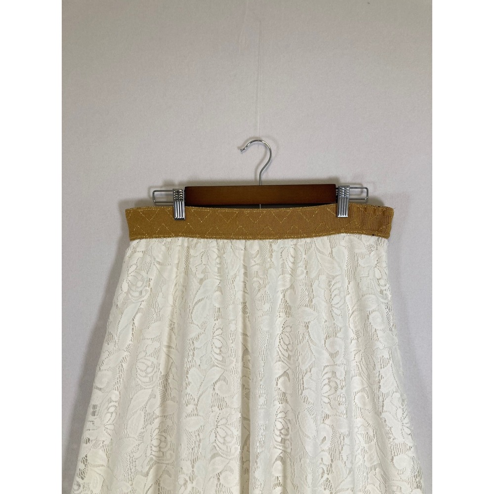 Boho Romantic LuLaRoe Women Medium White Floral Lace Maxi Skirt Gold Waistband - Picture 8 of 11